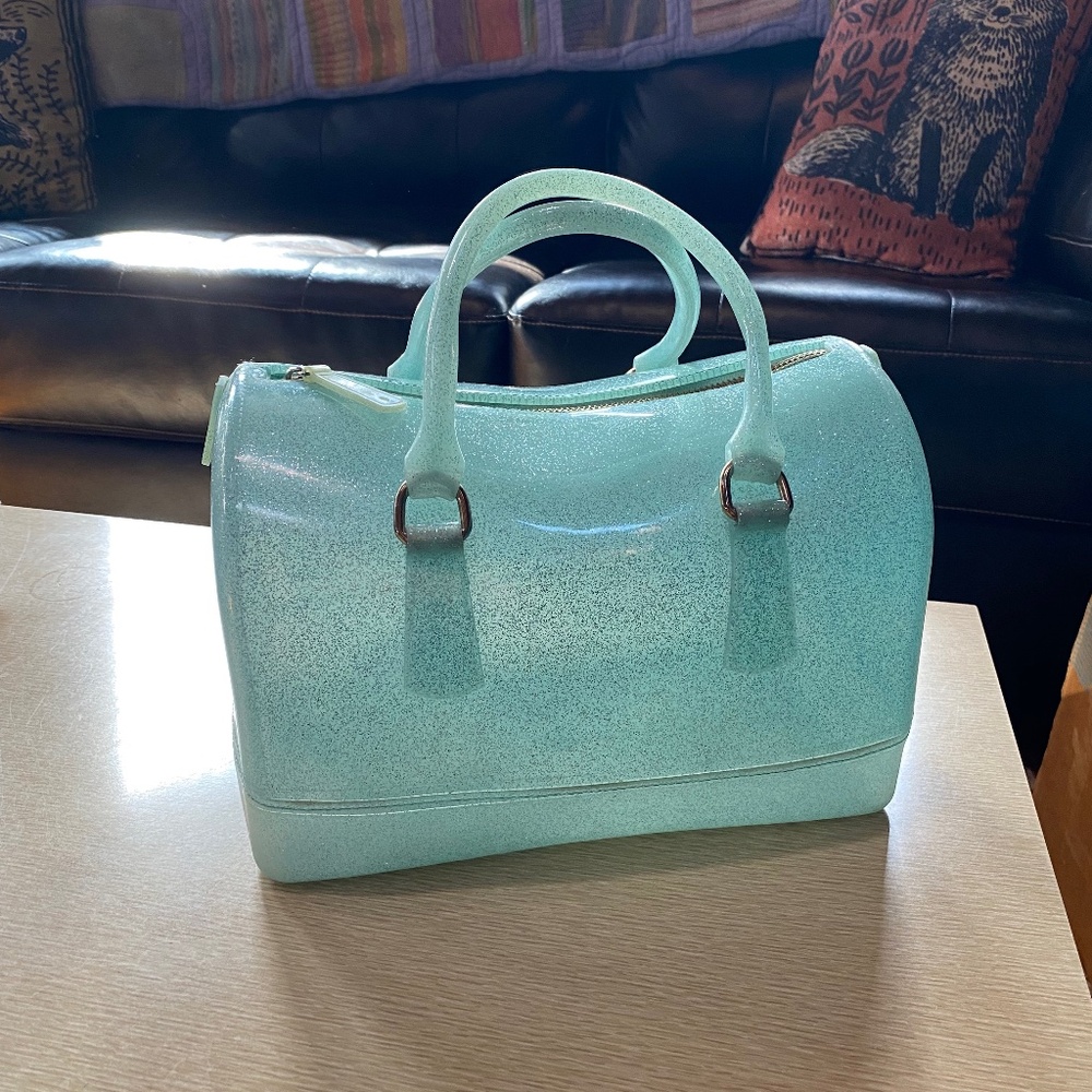 Aqua Jelly Glitter Top Handle Pillow Shape Handbag with Glow Light